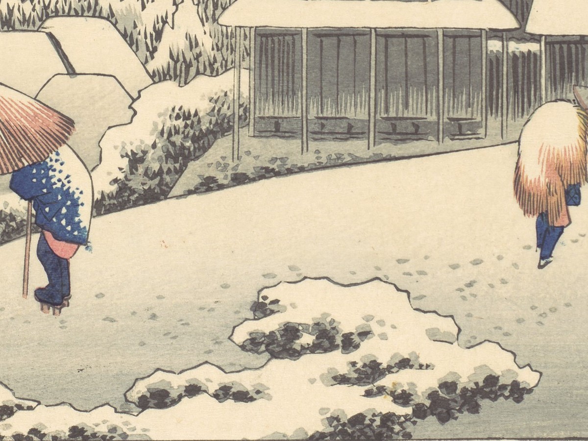 歌川広重「東海道五十三次 蒲原 夜之雪」（1833-1834年）旅人のディテール
