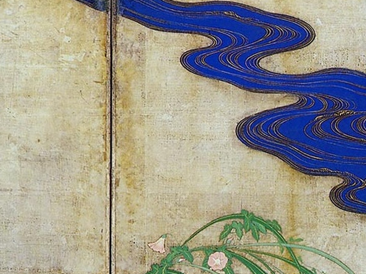 酒井抱一「夏秋草図屏風」右隻——群青と金で描かれた川の流れのディテール