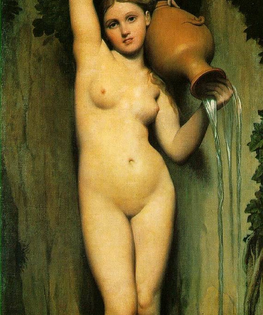 アングル「泉（La Source）」（1856年）オルセー美術館所蔵——胴体と水差しの詳細