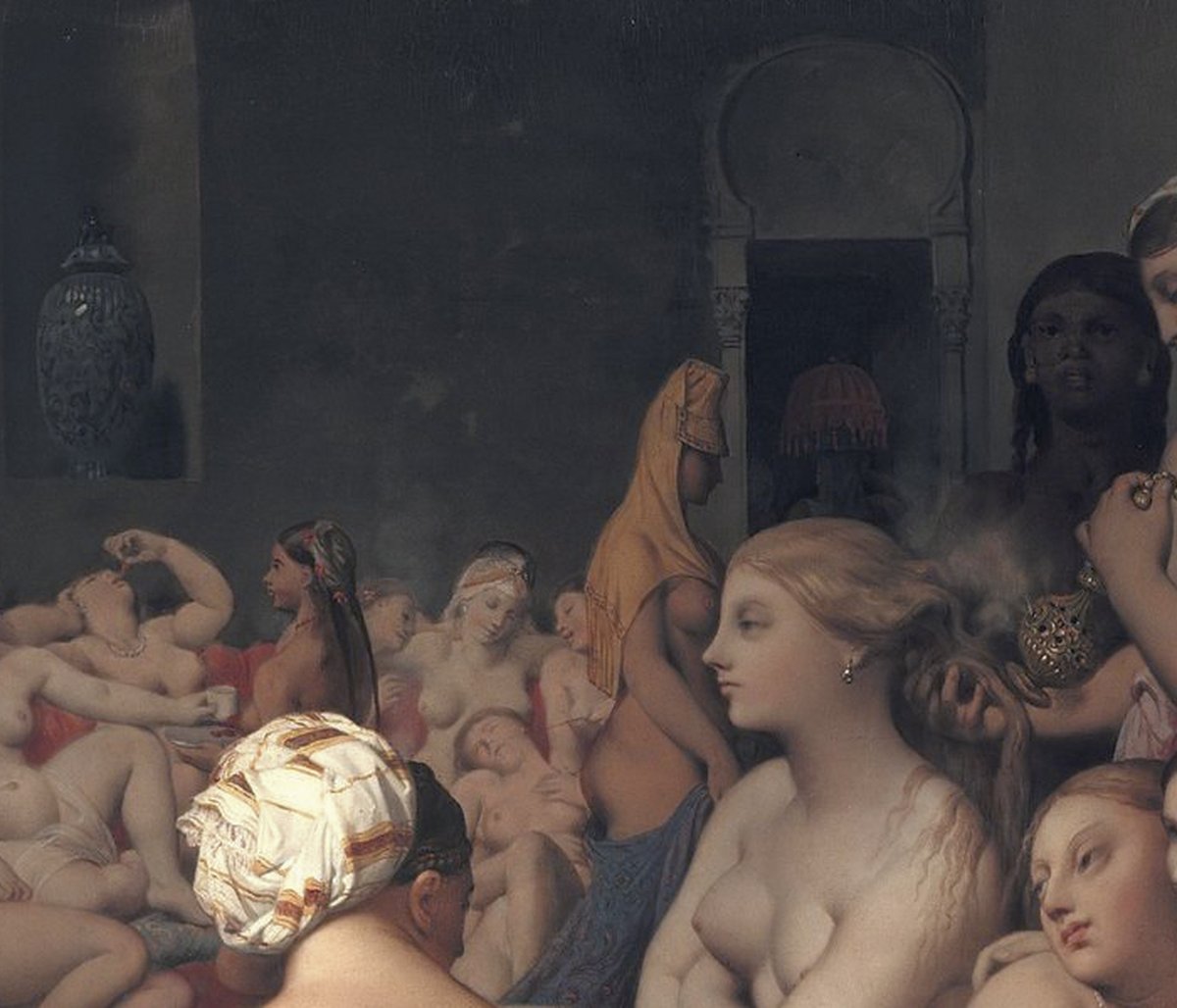 アングル「トルコ風呂（Le Bain turc）」（1862年）ルーヴル美術館所蔵——中央裸婦と楽器奏者のディテール