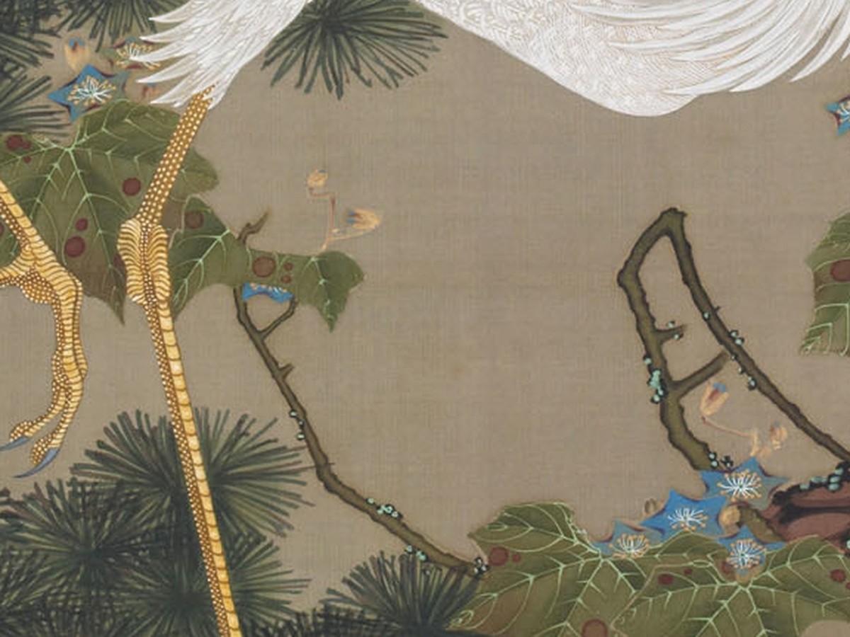 伊藤若冲「動植綵絵 老松白鳳図」（1765年頃）宮内庁三の丸尚蔵館 松と岩の風景ディテール