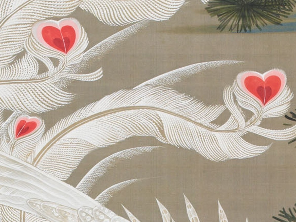 伊藤若冲「動植綵絵 老松白鳳図」（1765年頃）宮内庁三の丸尚蔵館 翼の羽毛ディテール