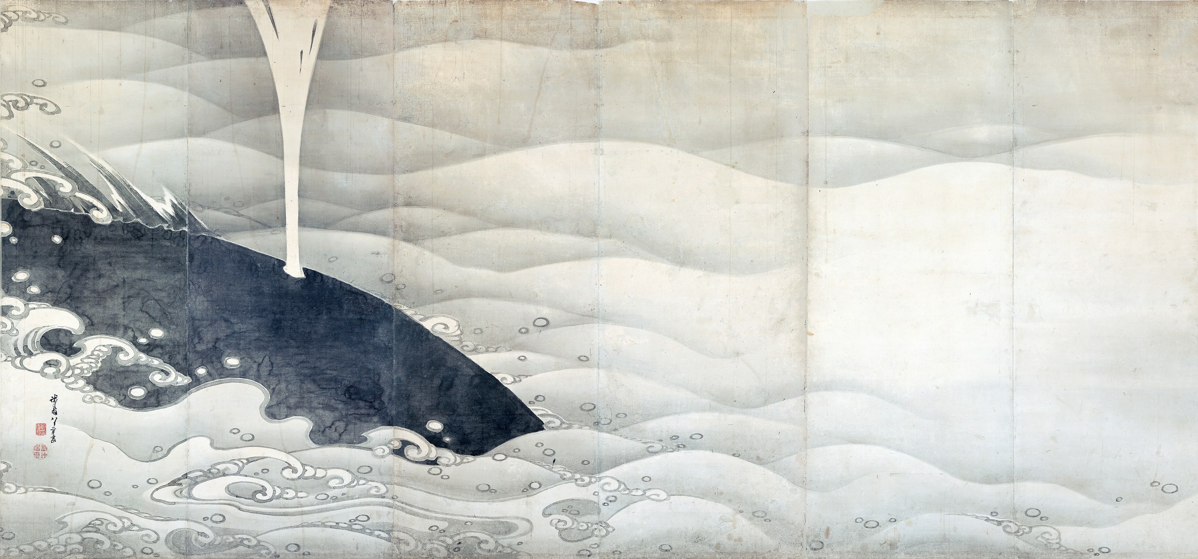 伊藤若冲「象と鯨図屏風」左隻（1797年頃）紙本墨画 159.4×354.0cm MIHO MUSEUM所蔵