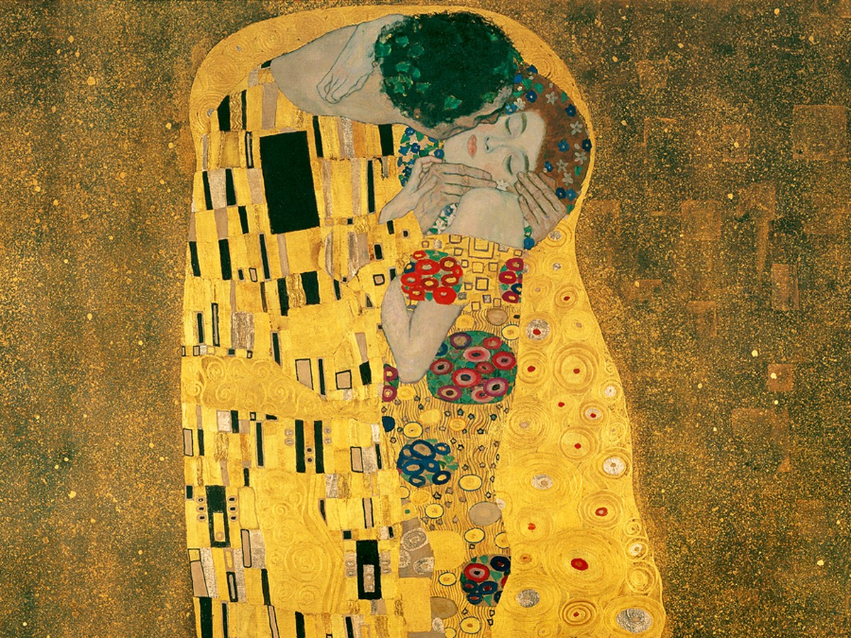 グスタフ・クリムト「接吻」（1907-08年）二人の顔と金箔衣裳のディテール——ウィーン・オーストリア絵画館所蔵