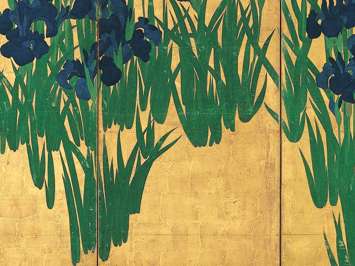 尾形光琳「燕子花図屏風」緑青の葉と茎ディテール