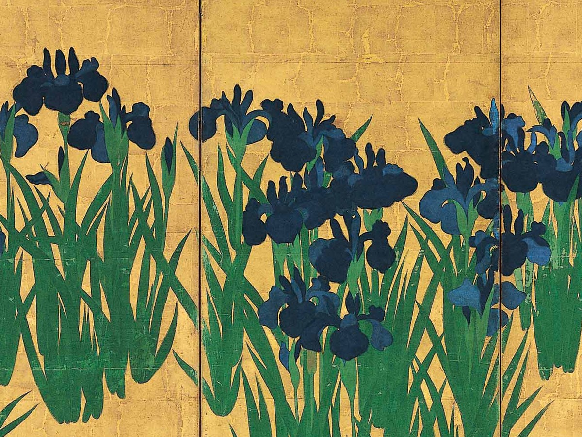 尾形光琳「燕子花図屏風」金箔地と花の配置ディテール