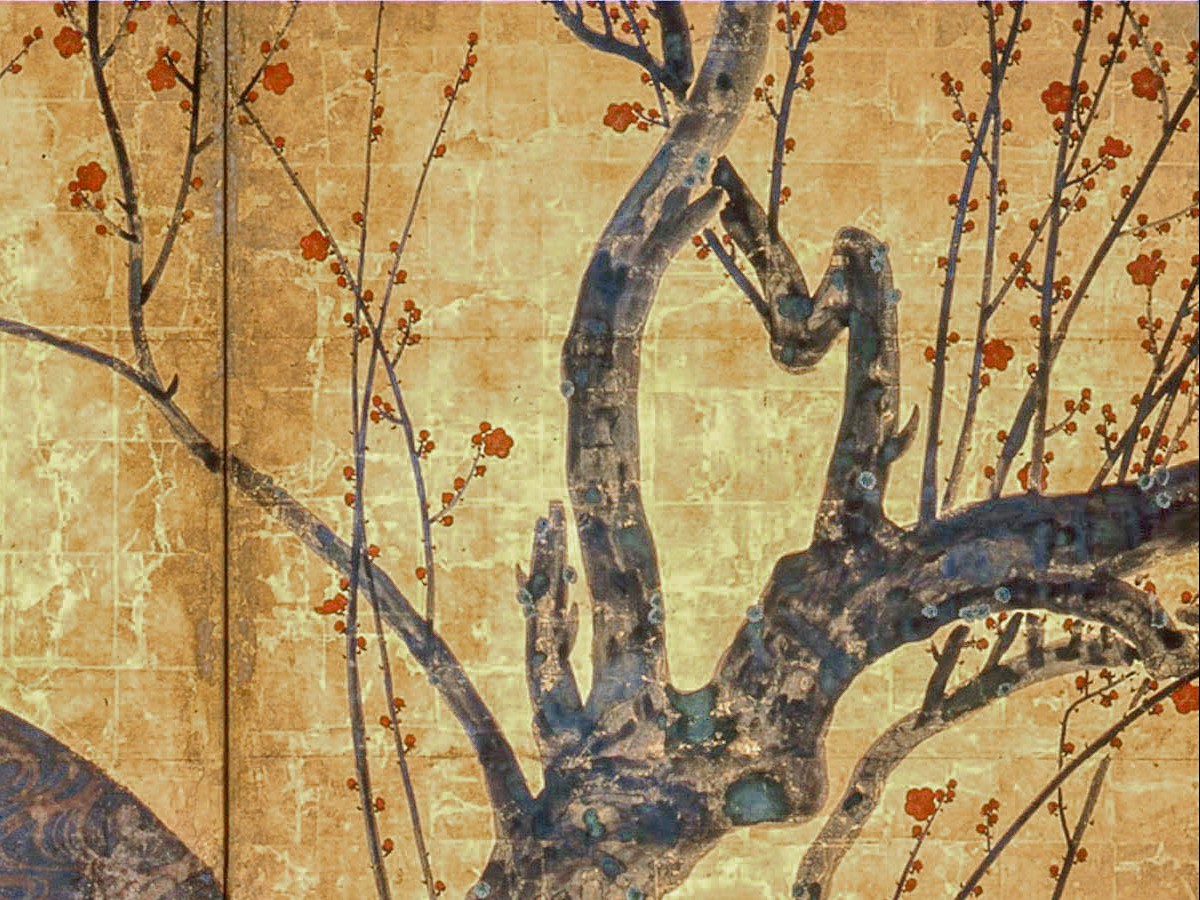 尾形光琳「紅白梅図屏風」紅梅の幹と花のディテール