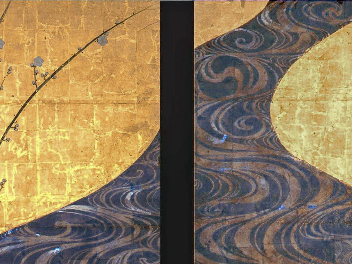 尾形光琳「紅白梅図屏風」銀泥の川と波紋のディテール