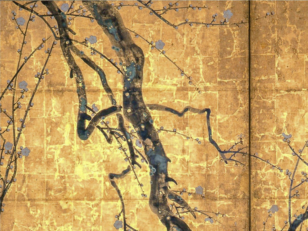 尾形光琳「紅白梅図屏風」白梅の幹と枝のディテール