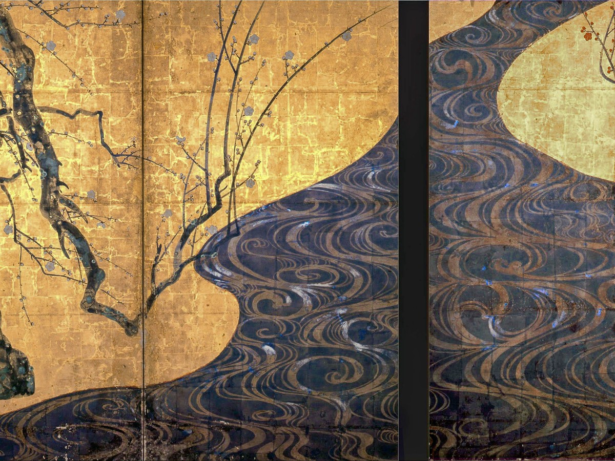 尾形光琳「紅白梅図屏風」(1714-1716年頃)中央部——銀泥の川と白梅が交差する場面