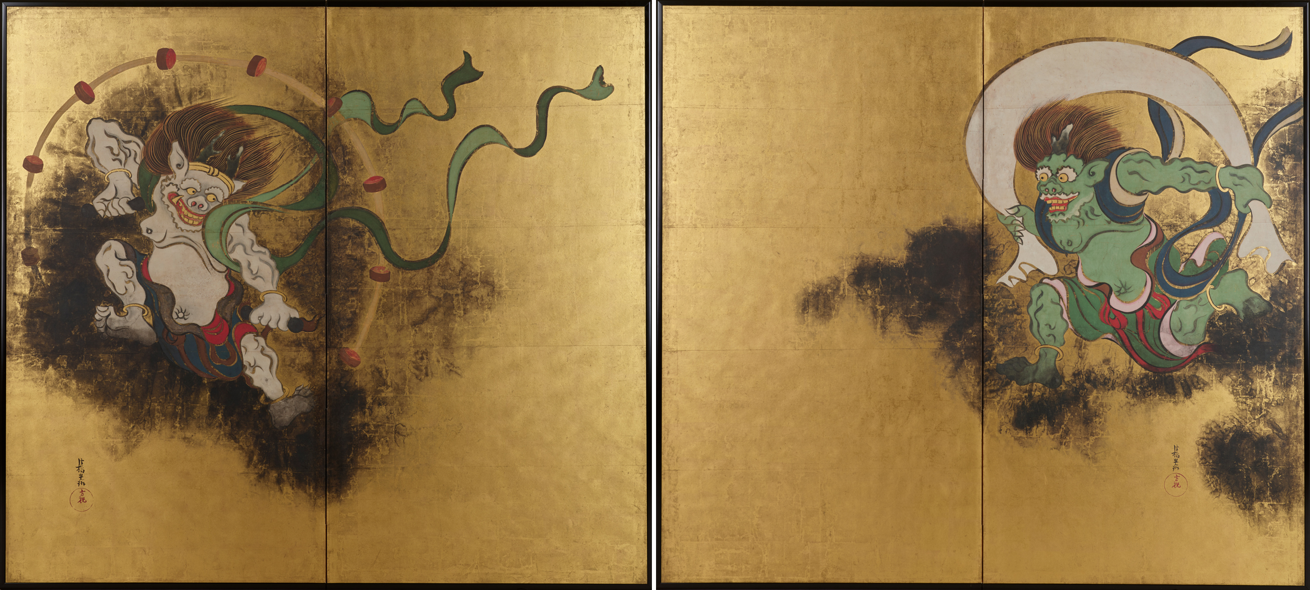 尾形光琳「風神雷神図屏風」(18世紀初頭)東京国立博物館所蔵(重要文化財)——俵屋宗達の同名作品を光琳が模写・再解釈した作品