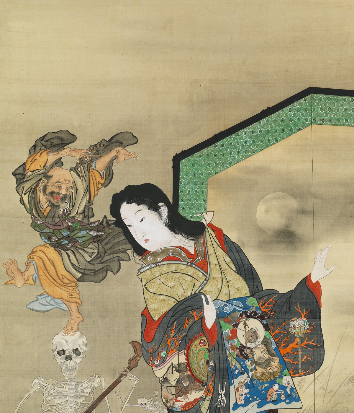 河鍋暁斎「地獄太夫」（1871〜1889年頃）中心人物と背景の骸骨ディテール