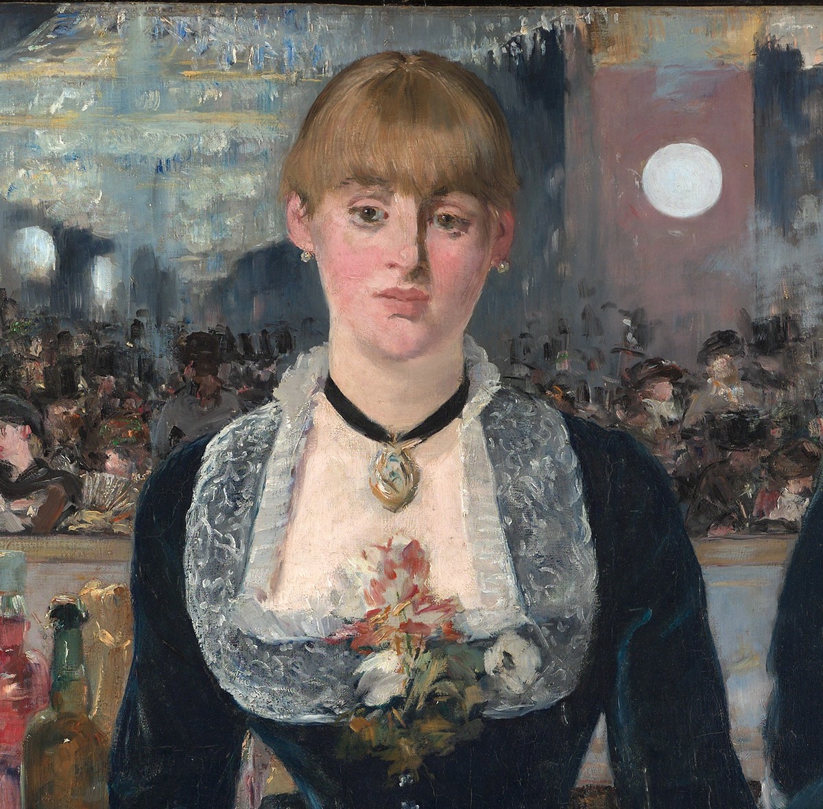マネ「フォリー・ベルジェールのバー」（1882年）バーメイドの顔のディテール——コートールド美術館所蔵