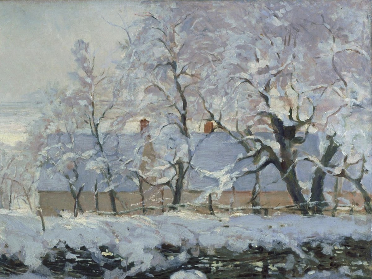 クロード・モネ「かささぎ」(1868-1869年)——雪に覆われた冬木立と農家のディテール
