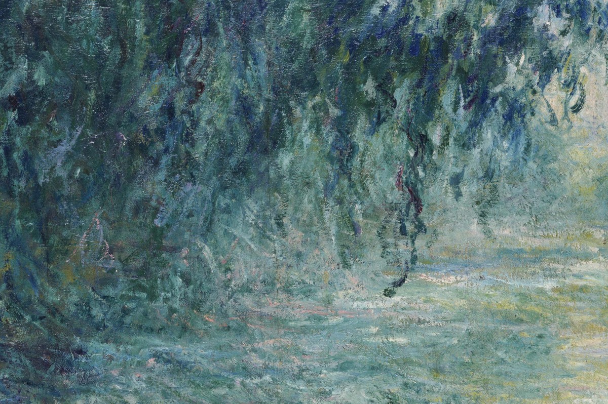 クロード・モネ「朝のセーヌ川」(1898年)柳の枝と水面が霧の中で溶け合うディテール