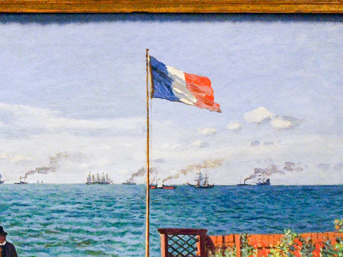 モネ「サン＝タドレスのテラス」フランス国旗と英仏海峡のディテール