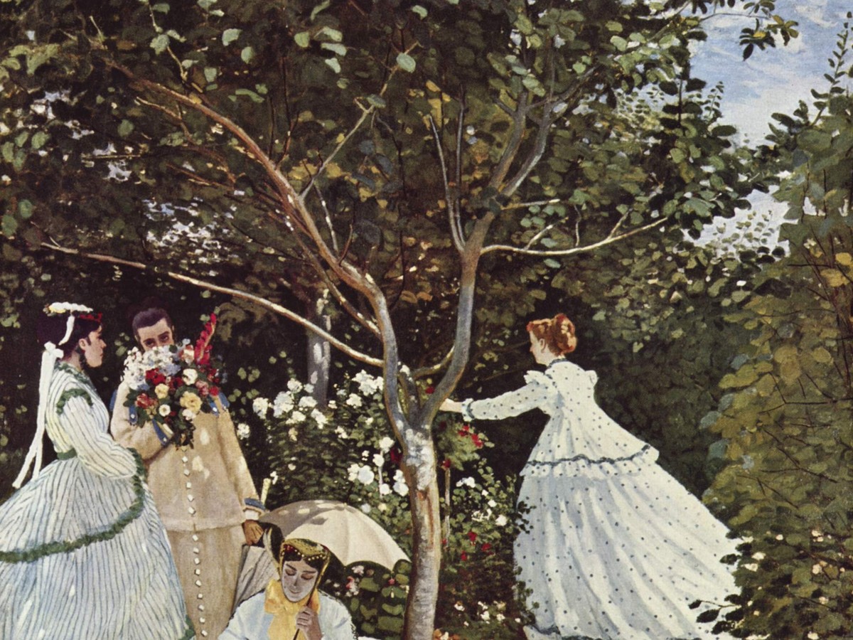 クロード・モネ「庭の女たち」(1866年)オルセー美術館所蔵——手前に座る女性と白いドレスのディテール