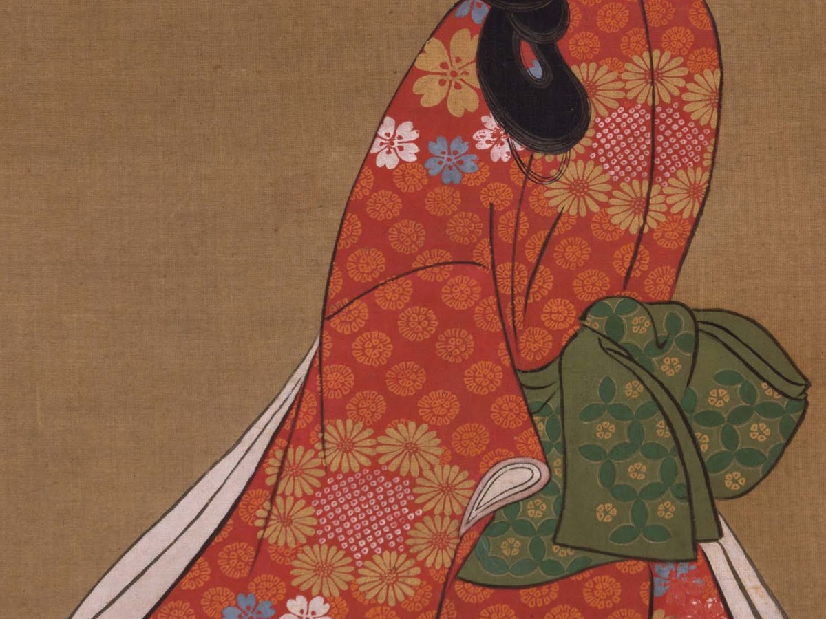 菱川師宣「見返り美人図」着物の花文様のディテール