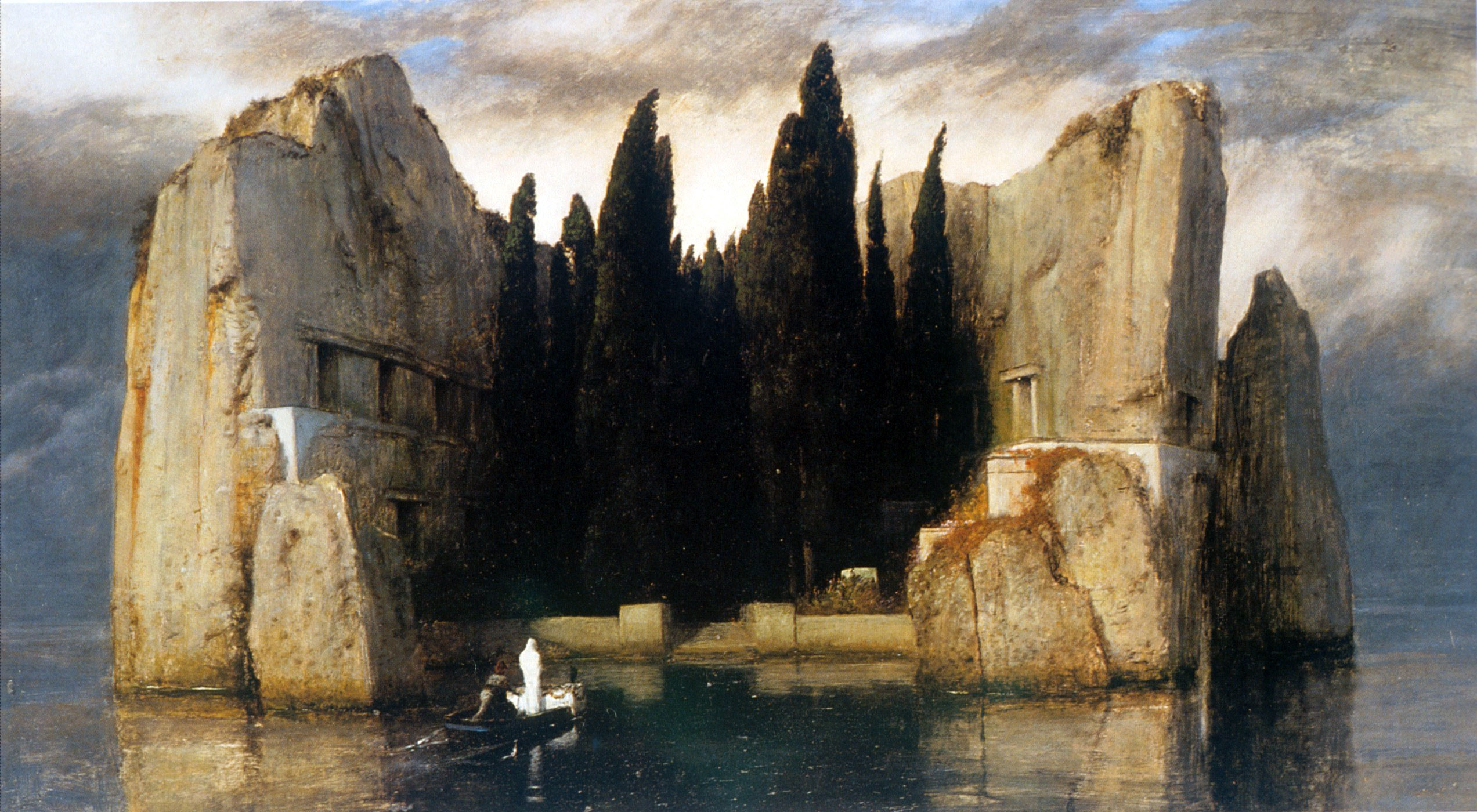 アルノルト・ベックリン「死の島」（1883年）ベルリン旧国立美術館所蔵——白衣の人物が小舟で向かう謎の島、死と神秘の象徴主義的傑作