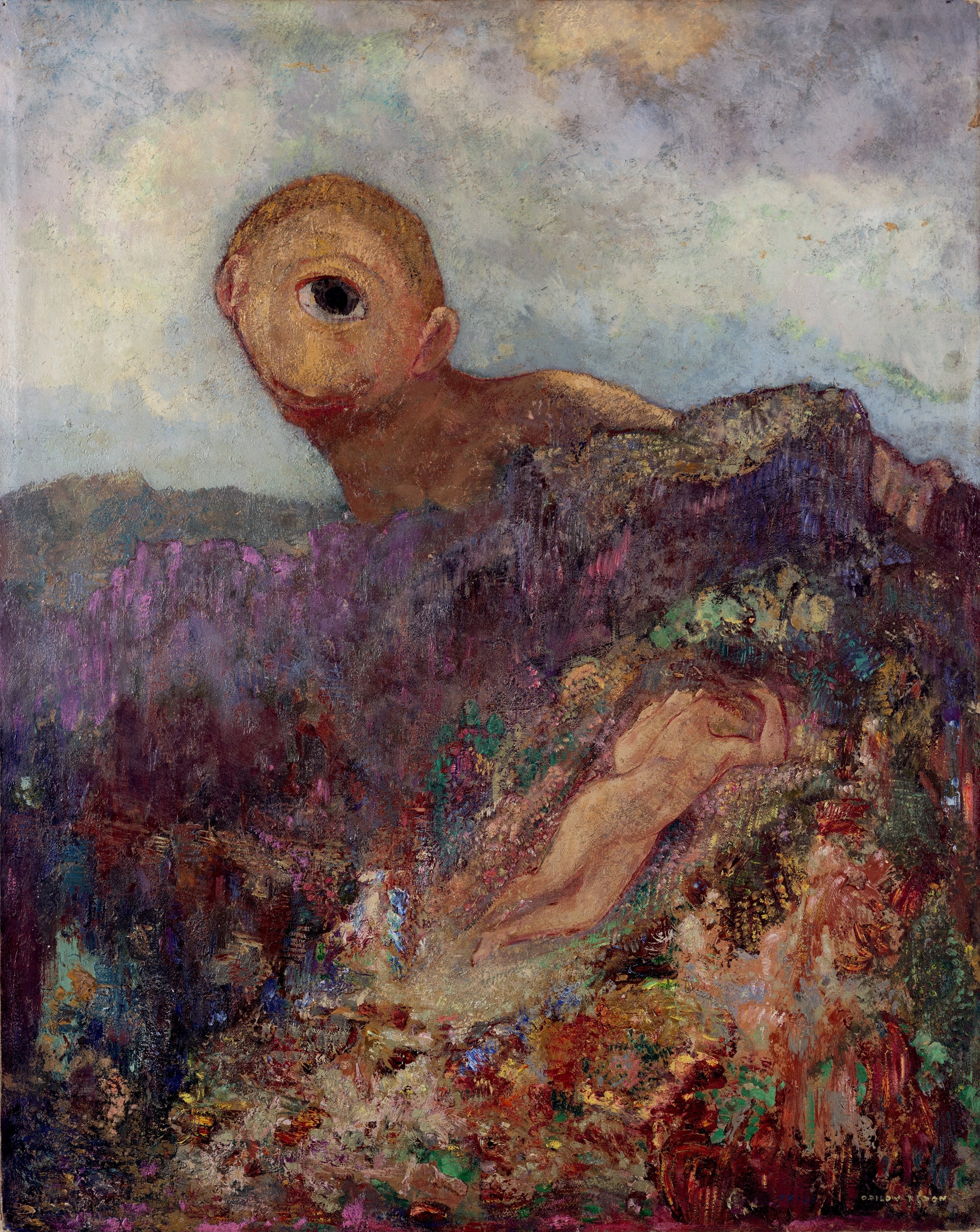 オディロン・ルドン「キュクロプス」（1914年頃）クレラー＝ミュラー美術館所蔵——夢の花に包まれたニンフを見つめる一つ目の巨人、哀愁に満ちた幻想的傑作