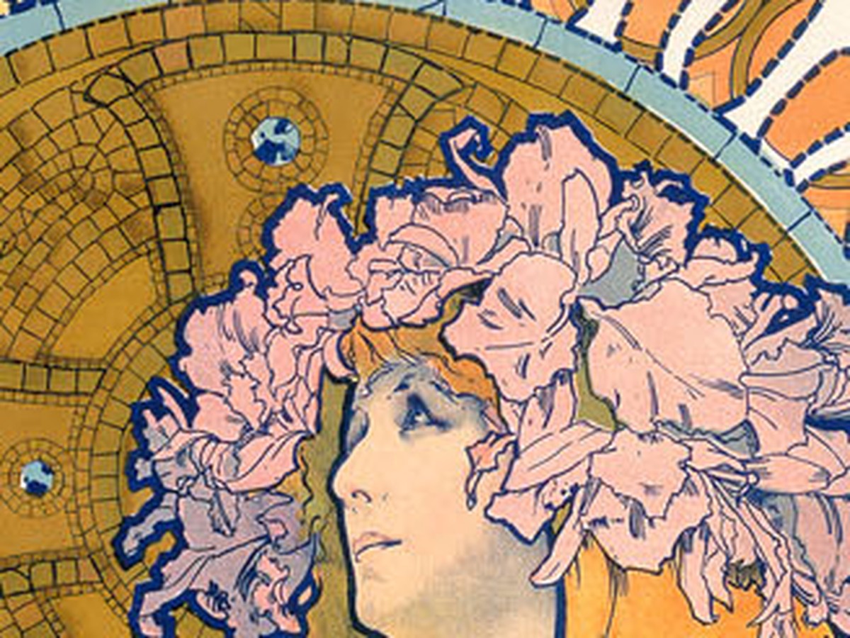 アルフォンス・ミュシャ「ジスモンダ」（1894年）詳細——蘭の花冠と金のモザイク光輪をまとった女優の横顔