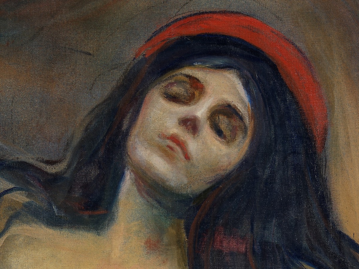 エドヴァルド・ムンク「マドンナ」(1894〜95年)詳細——閉じた目と朱赤のハローのディテール