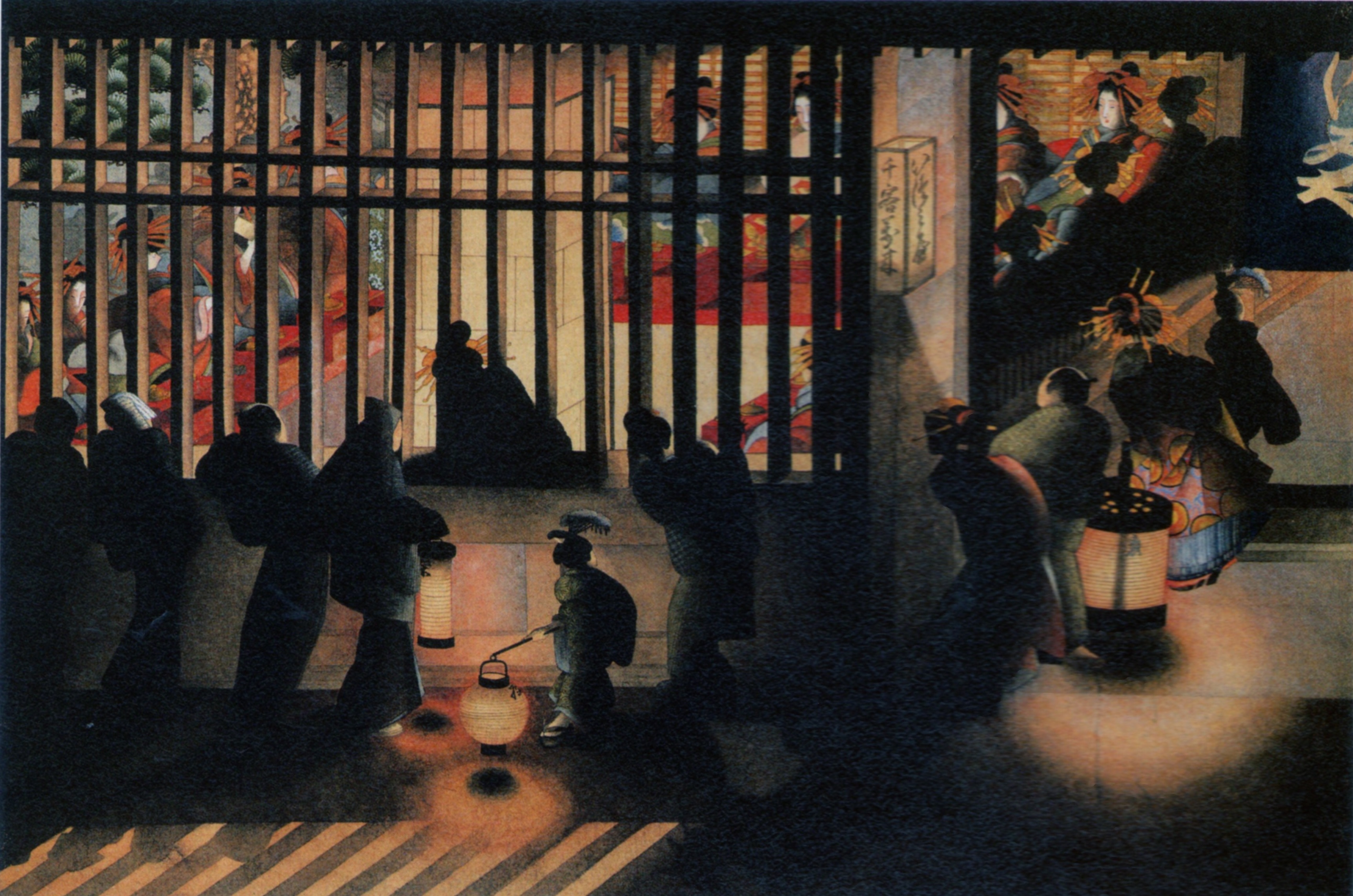 葛飾応為「吉原格子先之図」(1840年代)すみだ北斎美術館所蔵——夜の吉原を照らす格子越しの灯り