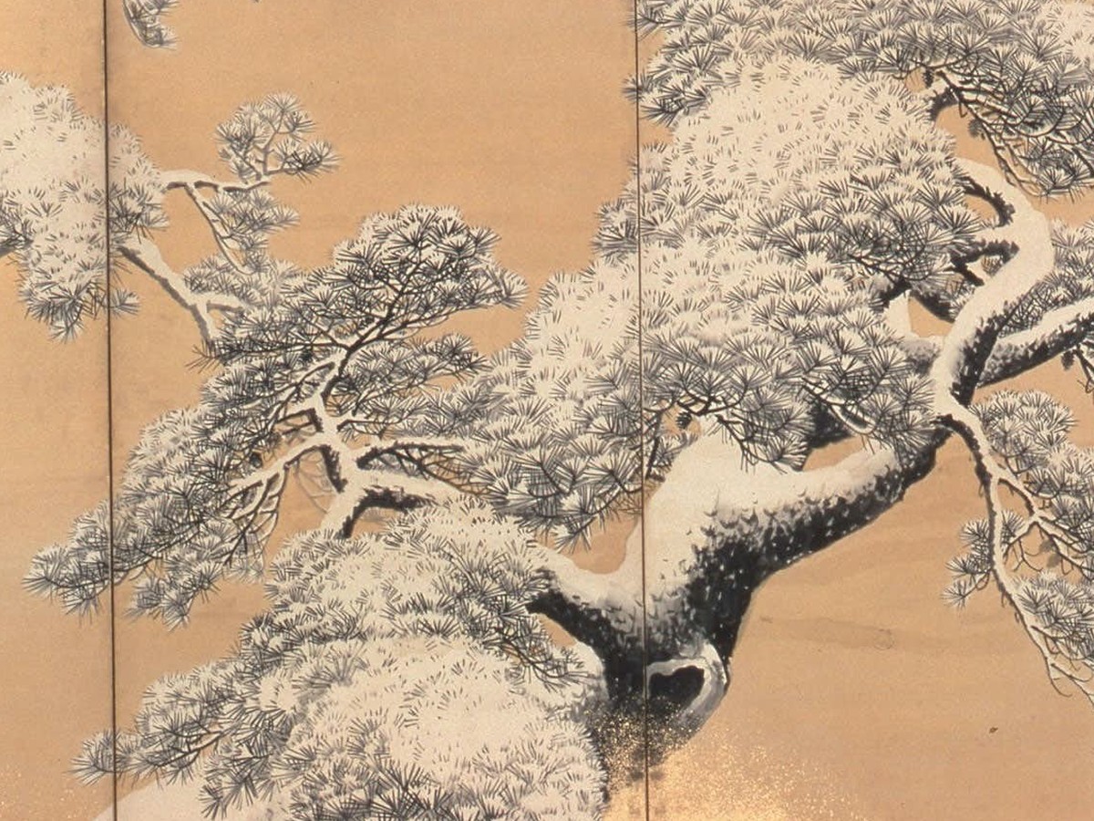 円山応挙「雪松図屏風」大松の枝葉と雪のディテール