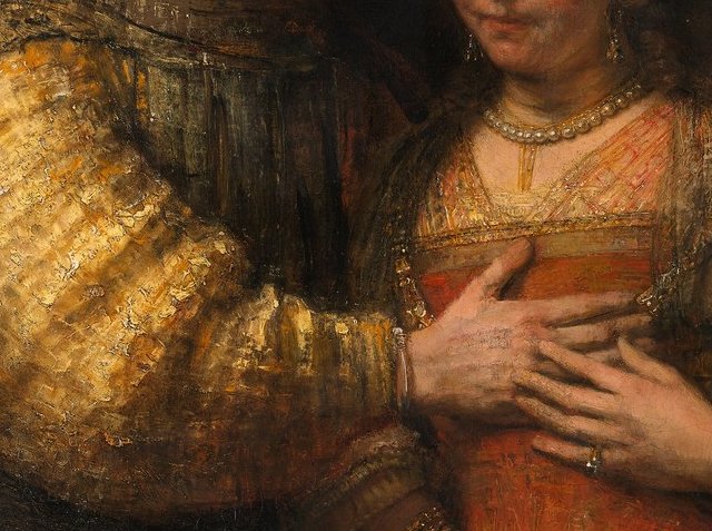 レンブラント「ユダヤの花嫁」男性の手と女性の手が重なるディテール