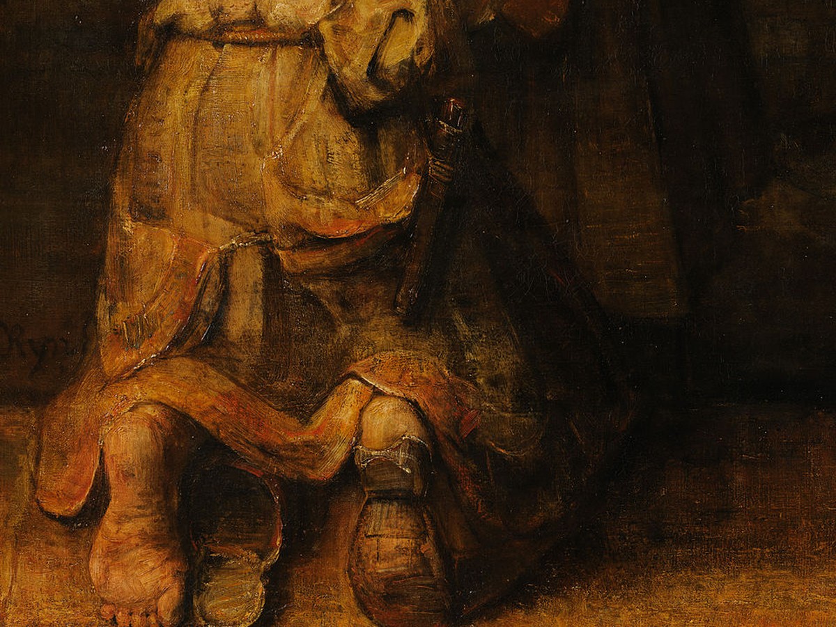レンブラント「放蕩息子の帰還」(1661〜69年頃)息子の擦り切れた衣と裸足のディテール