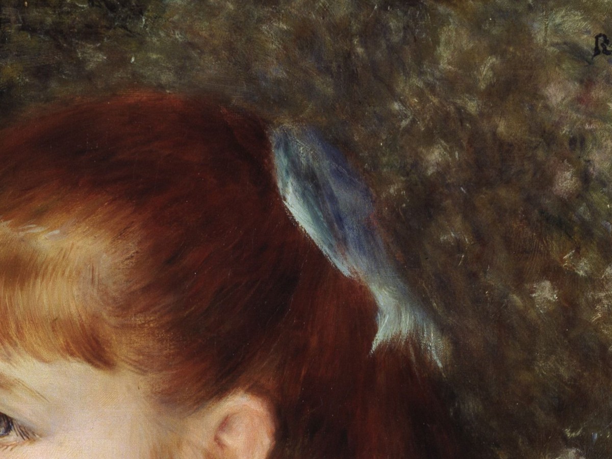 ルノワール「イレーヌ・カーン・ダンヴェール嬢」（1880年）青いリボンと髪のディテール
