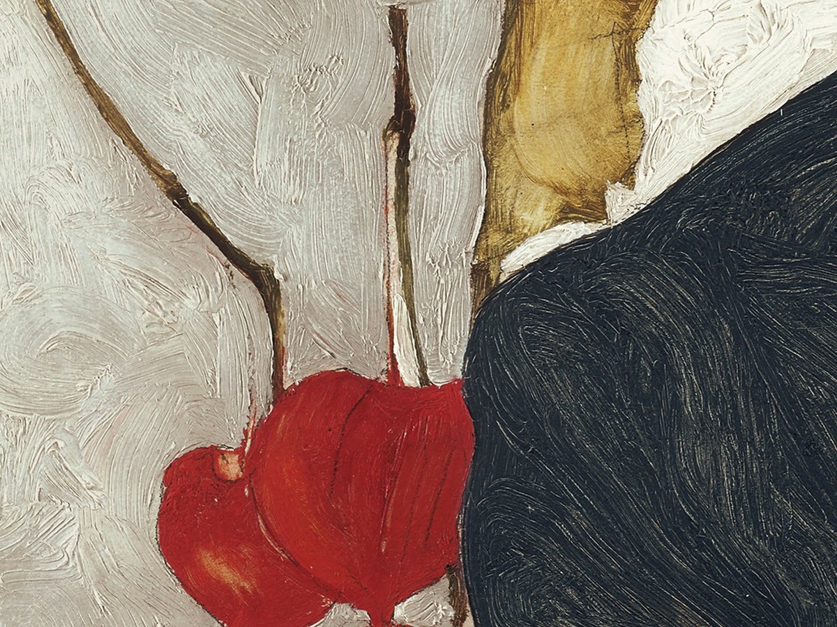 エゴン・シーレ「ほおずきの実のある自画像」(1912年)ほおずきの実のディテール