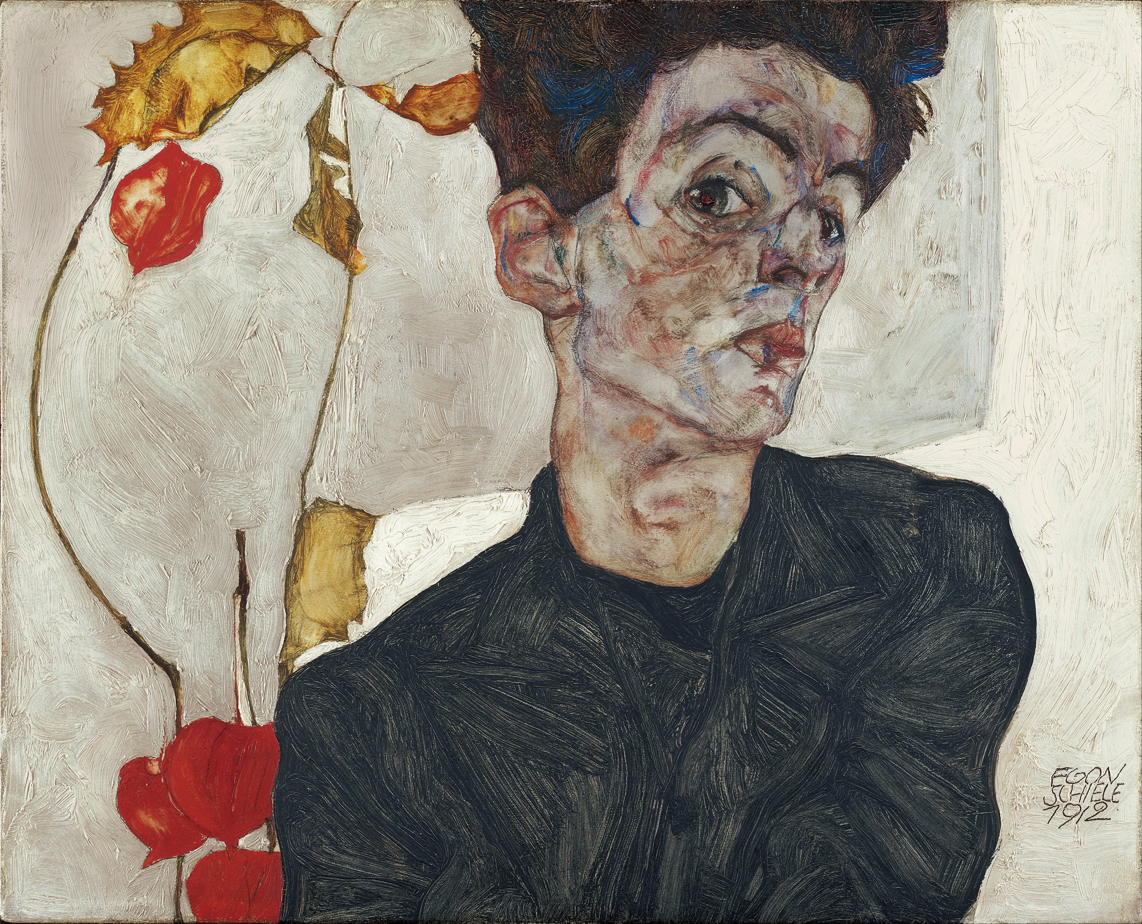 エゴン・シーレ「ほおずきの実のある自画像」(1912年)ウィーン・レオポルト美術館所蔵