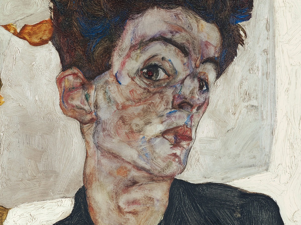 エゴン・シーレ「ほおずきの実のある自画像」(1912年)顔部分のディテール——ウィーン・レオポルト美術館所蔵