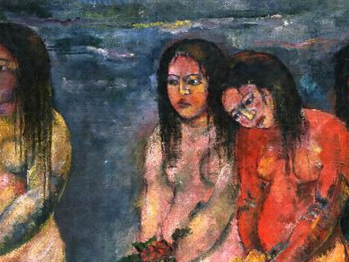関根正二「信仰の悲しみ」(1918年)中央の赤い衣の女性のディテール