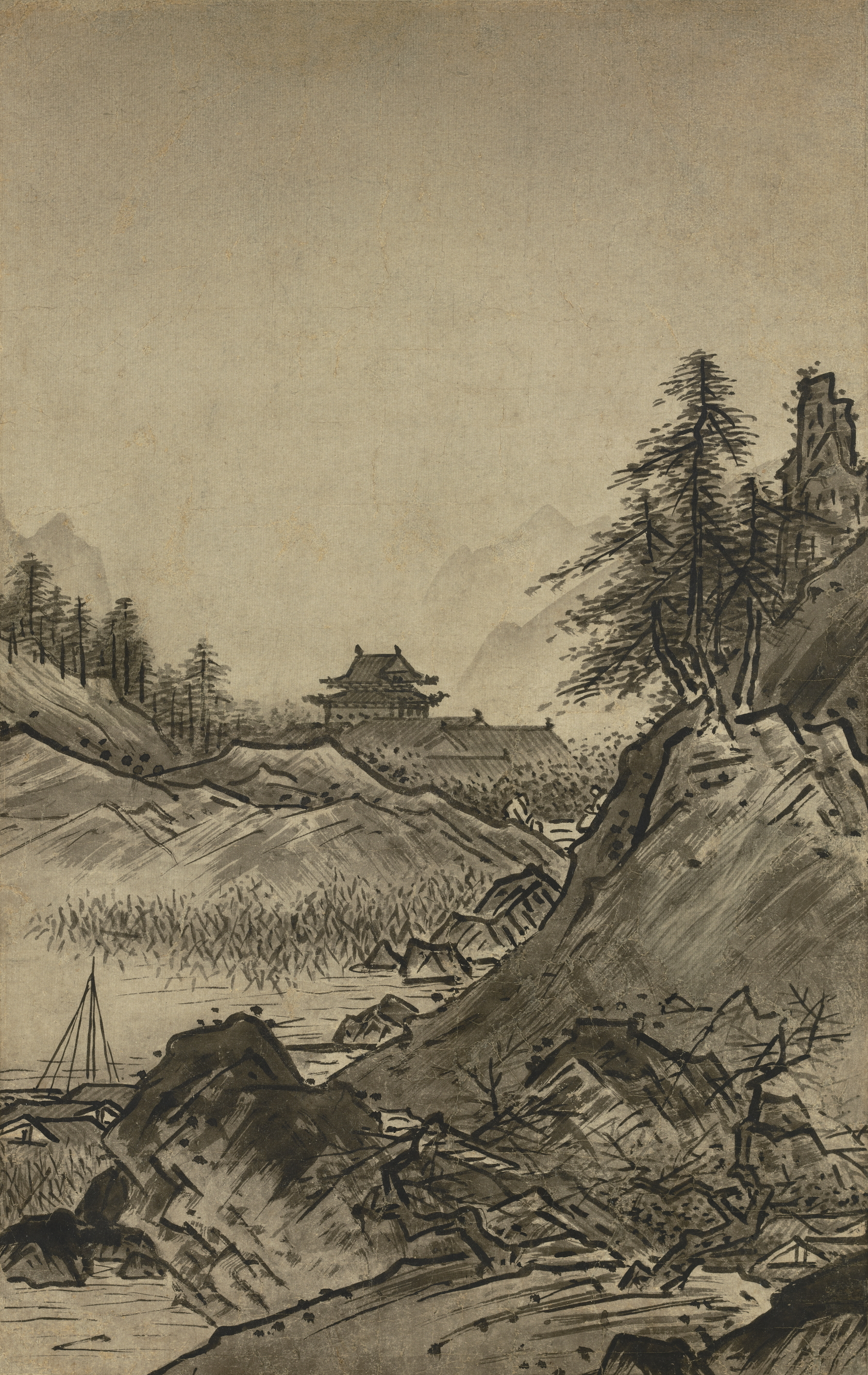 雪舟等楊「秋冬山水図（秋景）」（15世紀後半）東京国立博物館所蔵——川辺で語らう文人