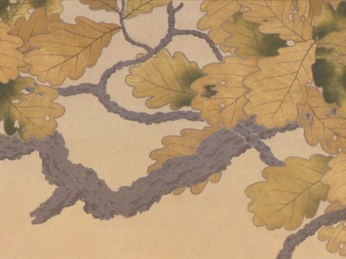 菱田春草「黒き猫」(1910年)柏の葉のディテール——金泥と緑青の彩色