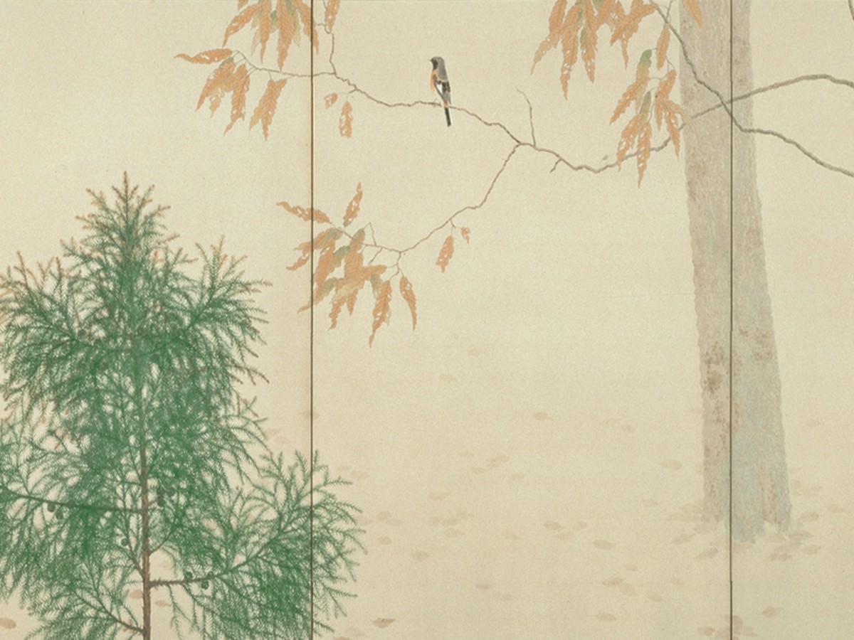 菱田春草「落葉」（1909年）枝先に止まる小鳥のディテール——永青文庫所蔵