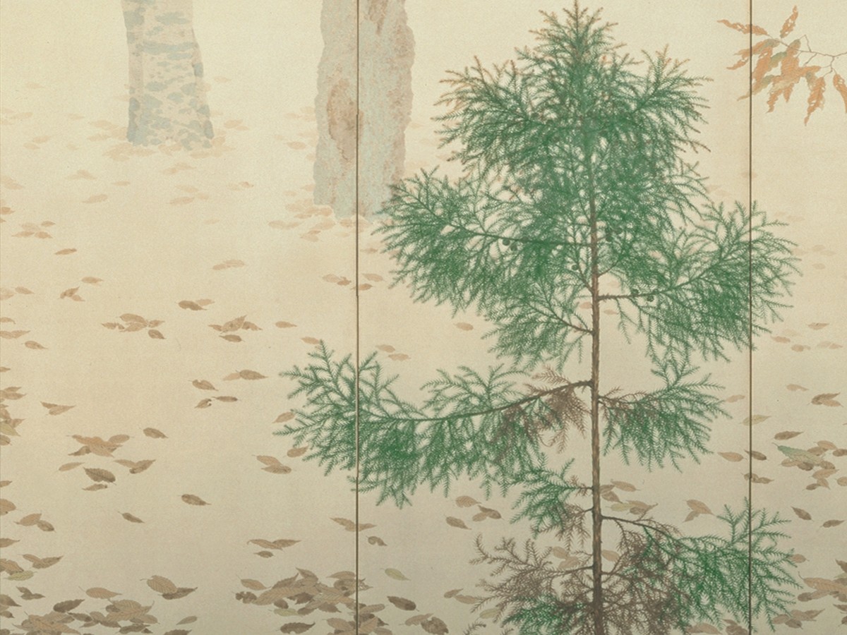 菱田春草「落葉」（1909年）緑の常緑樹と落葉のディテール——永青文庫所蔵
