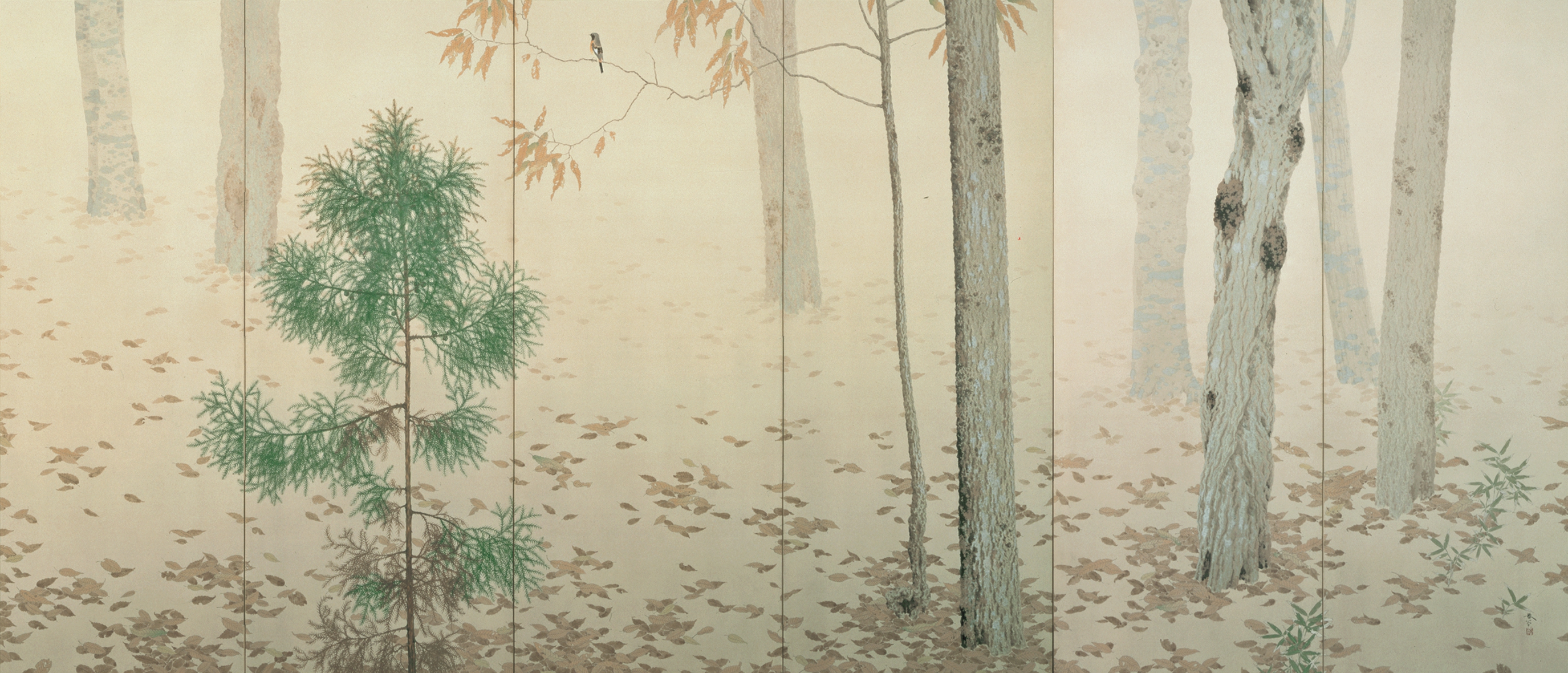 菱田春草「落葉」（1909年）永青文庫所蔵——秋の森に落葉が広がる六曲屏風
