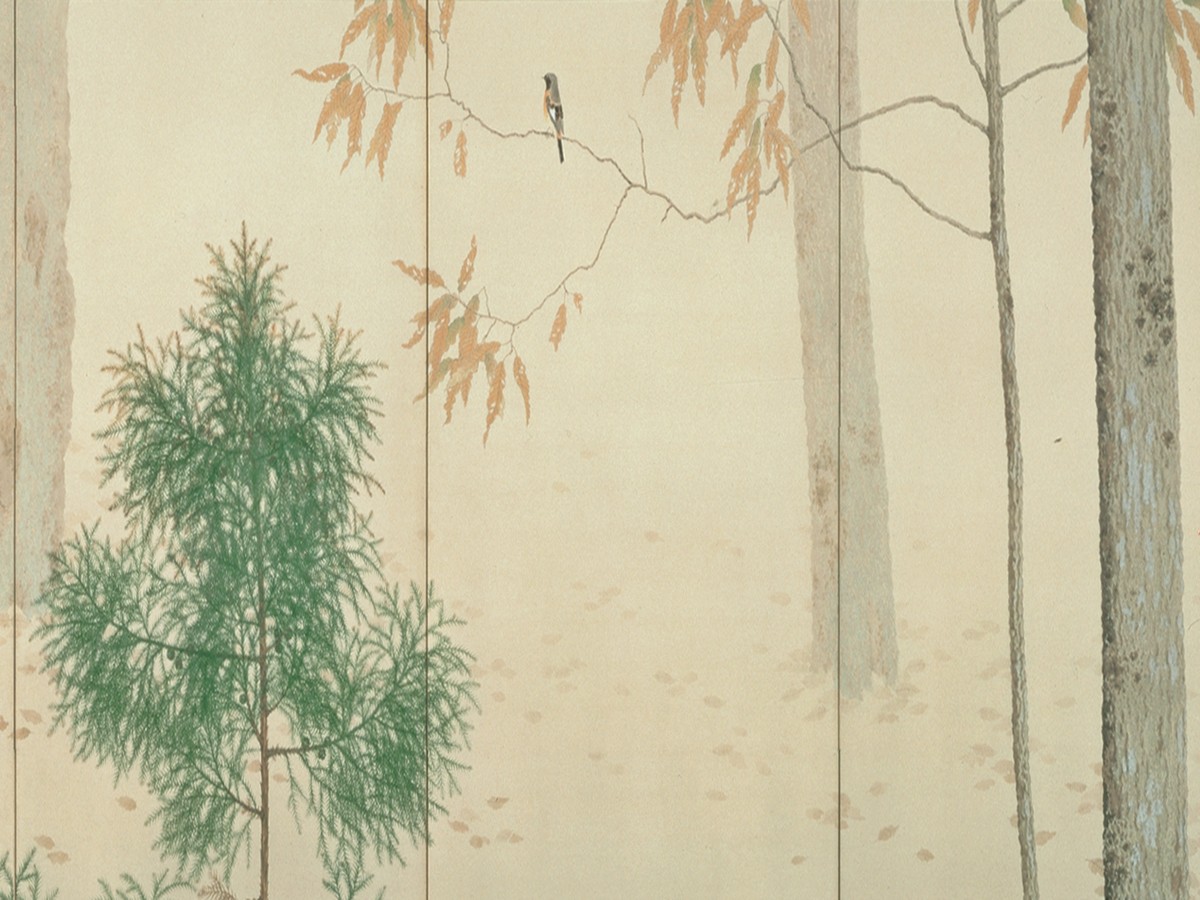 菱田春草「落葉」（1909年）小鳥と秋葉のディテール——永青文庫所蔵