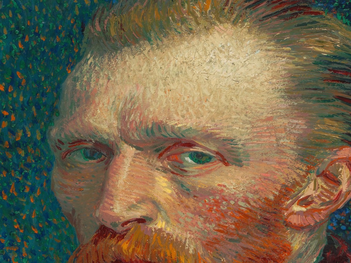 ゴッホ「自画像」（1889年）ディテール——緑に縁取られた眼と渦巻く背景の対比