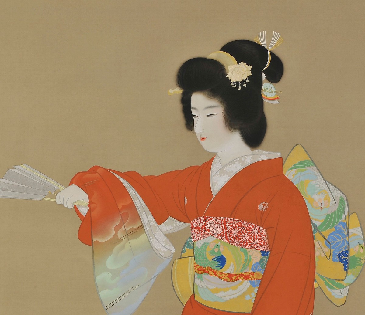 上村松園「序の舞」（1936年）詳細——女性の面差しと朱赤の振袖の部分拡大