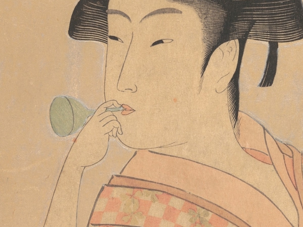 喜多川歌麿「婦女人相十品 ポッピンを吹く女」（1792〜93年頃）頬をふくらませた表情のディテール