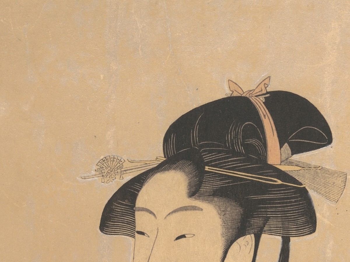喜多川歌麿「婦女人相十品 ポッピンを吹く女」（1792〜93年頃）日本髪と簪のディテール