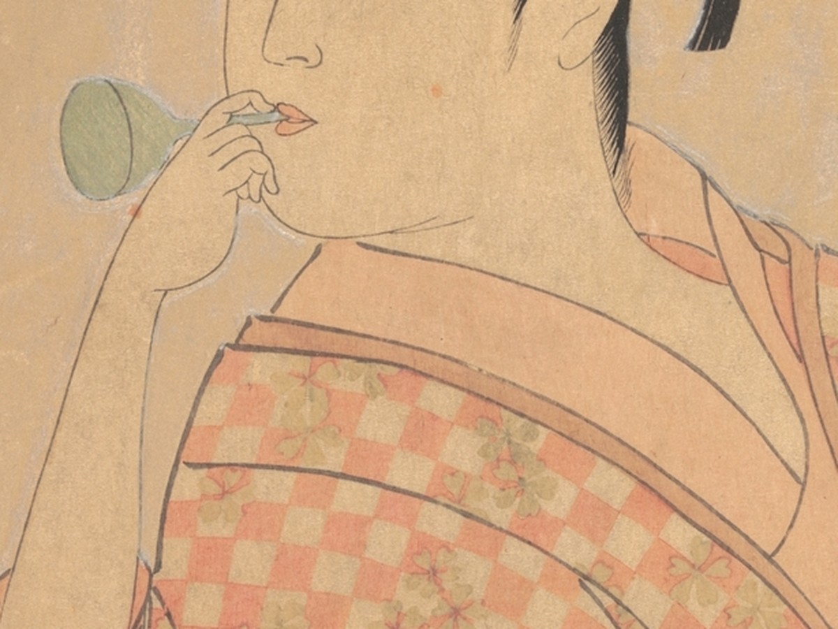 喜多川歌麿「婦女人相十品 ポッピンを吹く女」（1792〜93年頃）ガラスのポッピンと白い首のディテール