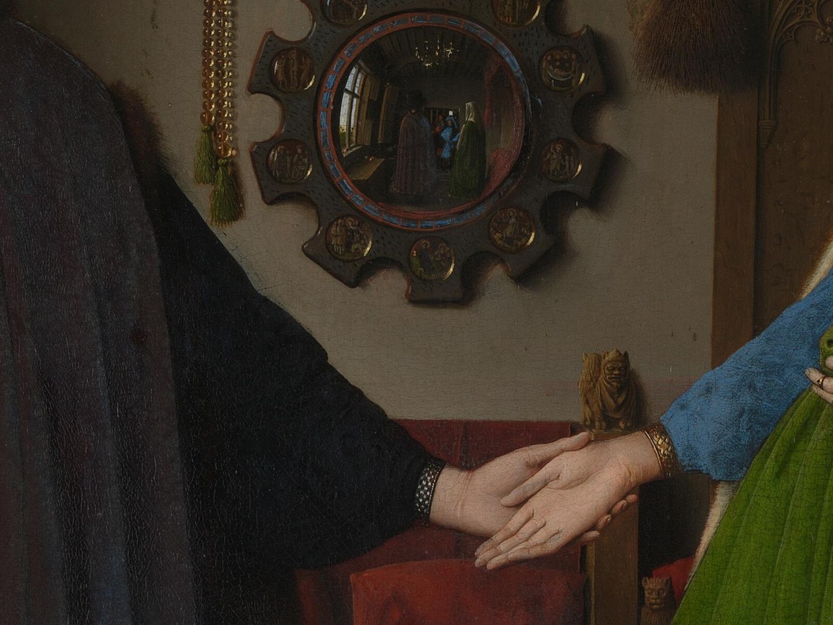 ヤン・ファン・エイク「アルノルフィーニ夫妻の肖像」（1434年）ナショナル・ギャラリー所蔵——凸面鏡のディテール