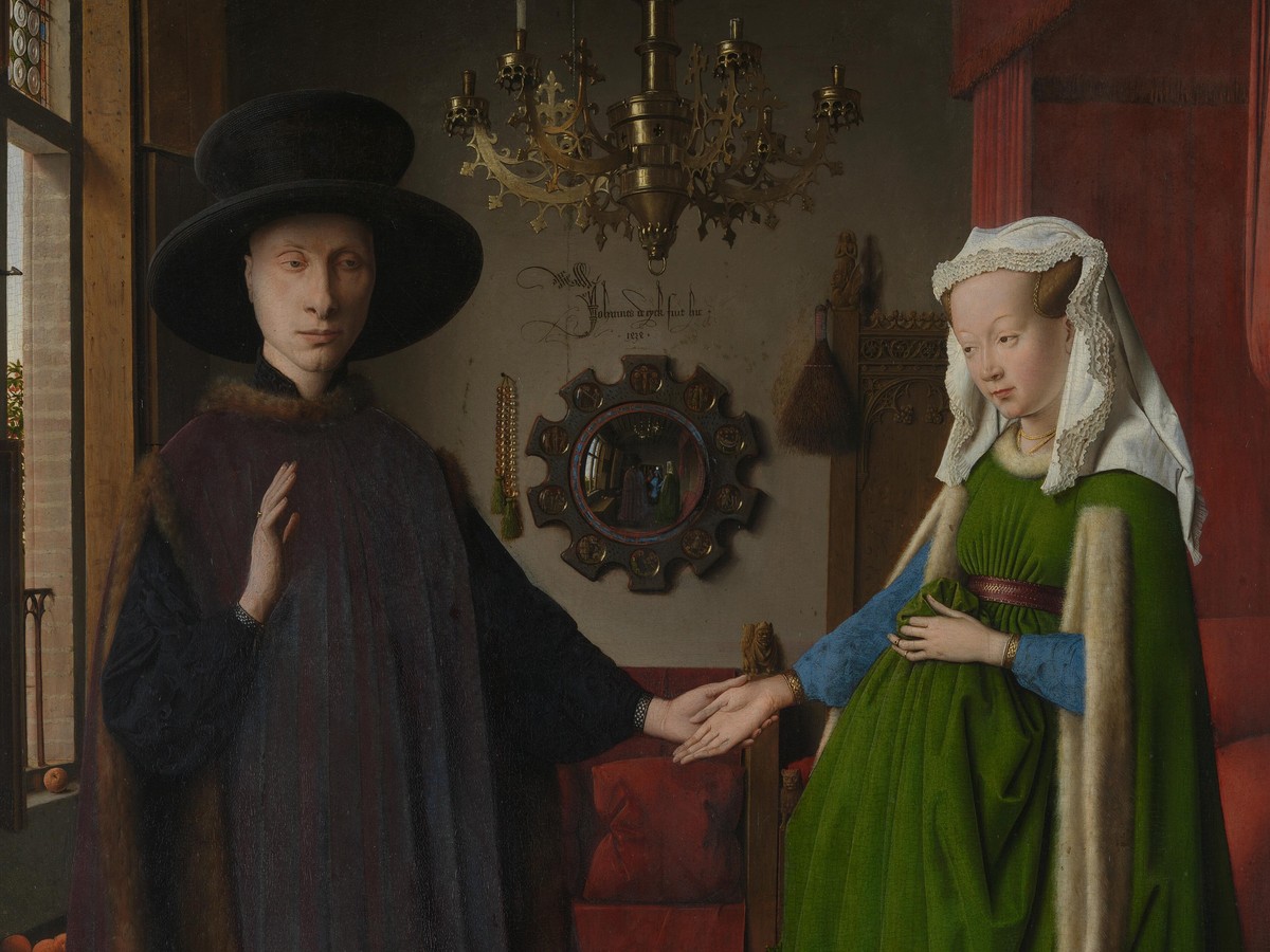 ヤン・ファン・エイク「アルノルフィーニ夫妻の肖像」（1434年）ナショナル・ギャラリー所蔵——夫妻の顔と手のディテール