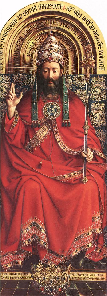 ヤン・ファン・エイク「ヘントの祭壇画」（1432年）全能の神パネル——豪奢な法衣と王冠をまとった神