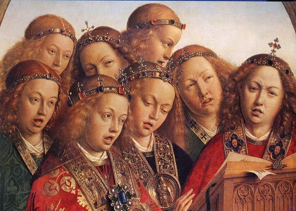 ヤン・ファン・エイク「ヘントの祭壇画」（1432年）歌う天使たちパネル——楽譜まで読める細密描写